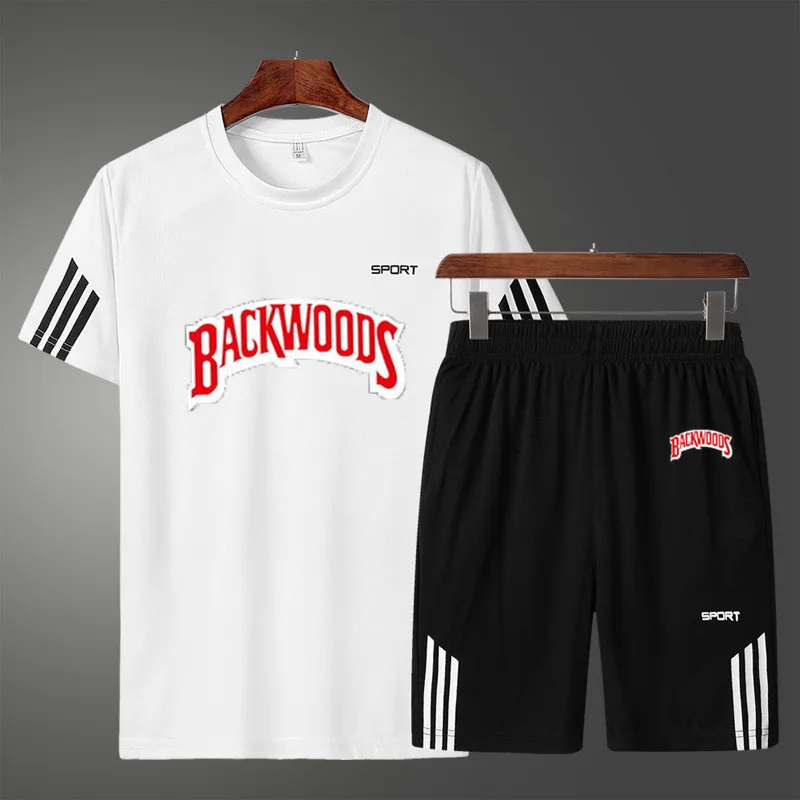 

BACKWOODS Summer Short-Sleeved T-Shirt Men's Round Neck Casual Running Sweatshirt Three-Pole Decoration Home Fitness Sportswear