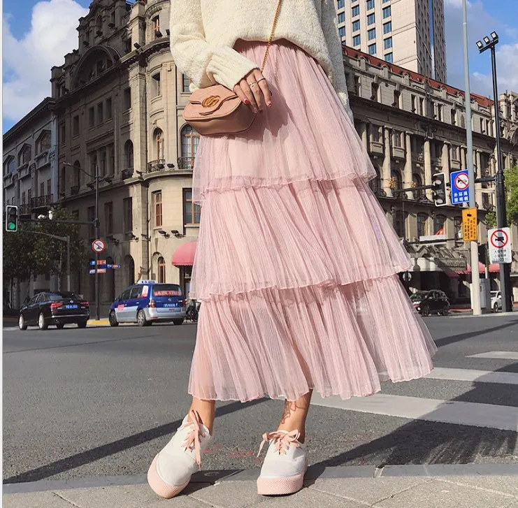 Женская многослойная плиссированная юбка-пачка длинная сетчатая юбка с высокой