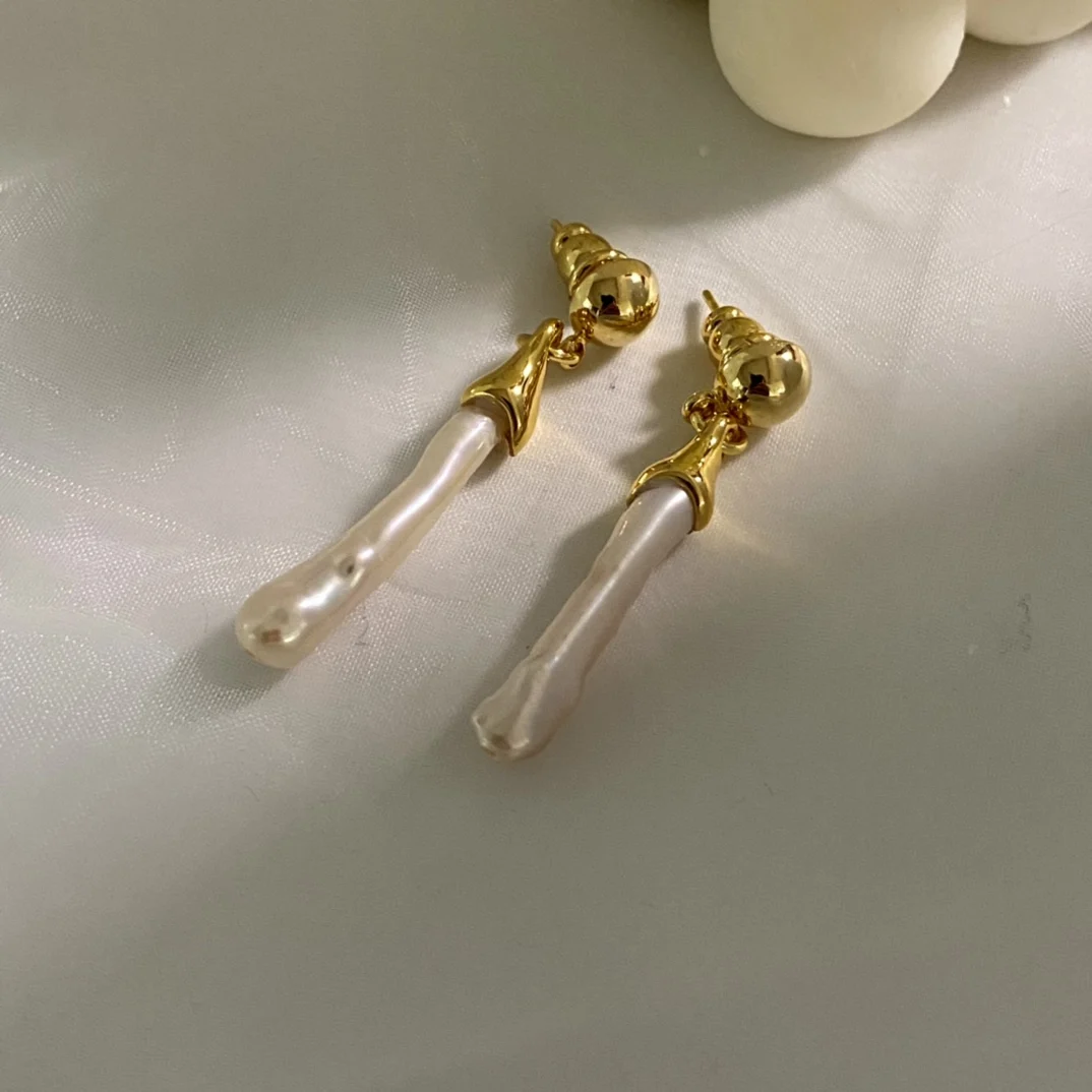 

Original design custom made natural baroque pearl long earrings