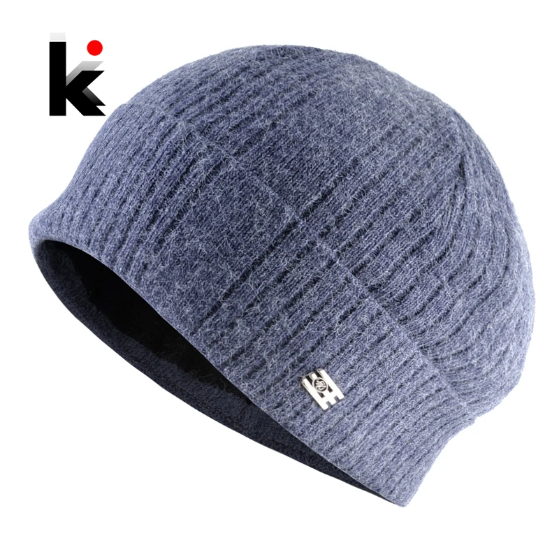 Вязаные шерстяные шапки облегающие мужские зимние теплые однотонные толстая