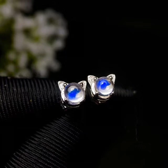 

cat silver earrings moonstone gem stud earring 925 sterling silver ornament real natural gem birthday gift girl stud earring
