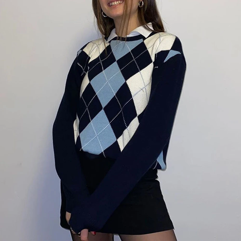 

Winter Women's Simply Woolen Plaid Long Sleeve Shirt Vintage Casual Loose Knitted Sweater Korean College Style Femme Pullovers