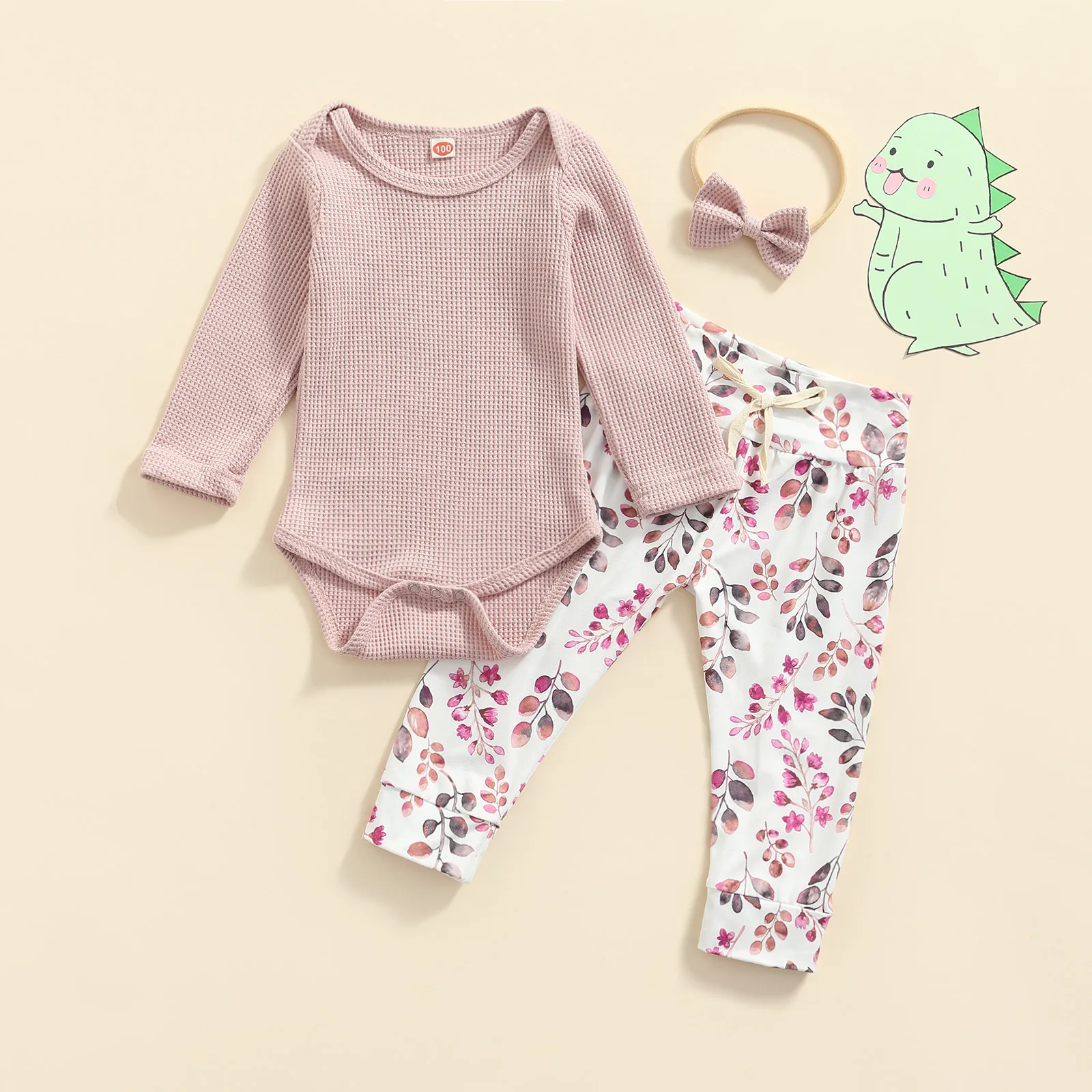 

3pcs Long Sleeve Solid Romper Tops Flowers Printed Pants Headband Outfits 2021 Lovely Baby Girls Autumn Clothes Sets 0-24M