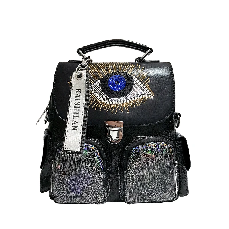 

Кожаные Стразы для глаз, узор, рюкзак, женская мода, повседневная искусственная кожа, в стиле хип-хоп, рок, алмазы, черный, серебристый, ранец, ...