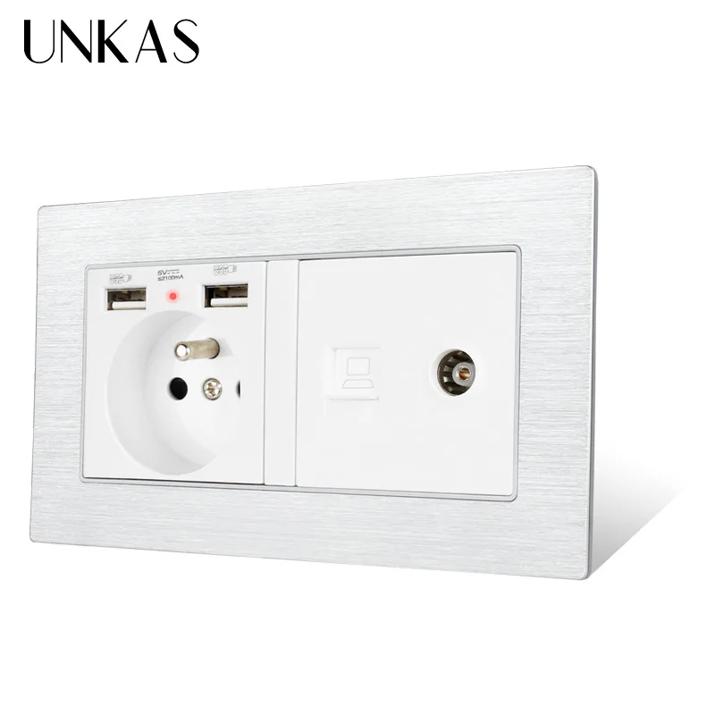 UNKAS алюминиевая панель матовая французская стандартная розетка с двумя USB
