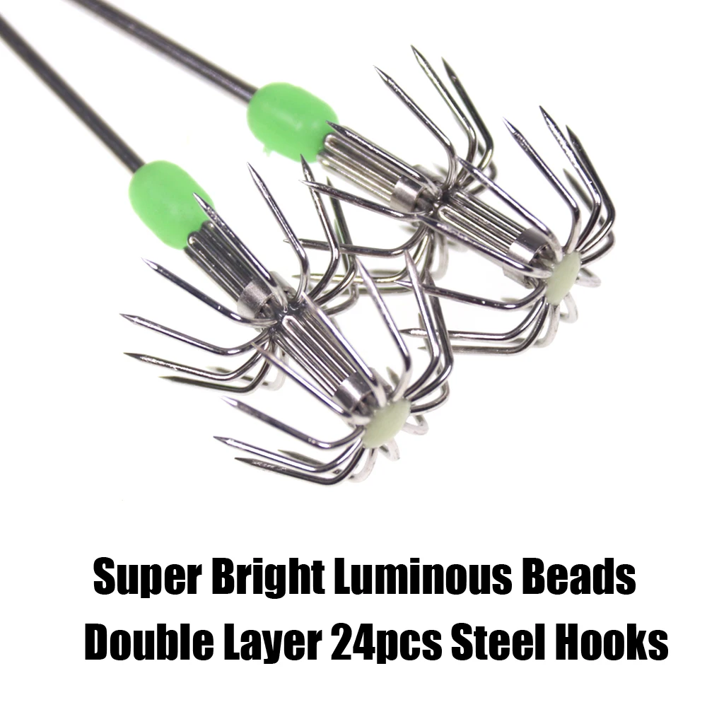 Saltwater Glowing Jig Fishing Tackle 15cm Stainless Steel Double Layers Umbrella Squid Hook Cuttlefish Lure Bait |