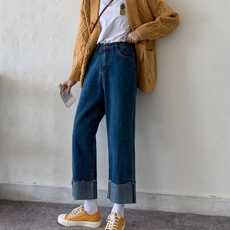 

Женские джинсы с высокой талией, одежда из денима с широкими штанинами, синяя уличная одежда, винтажные Качественные прямые брюки в стиле Ха...