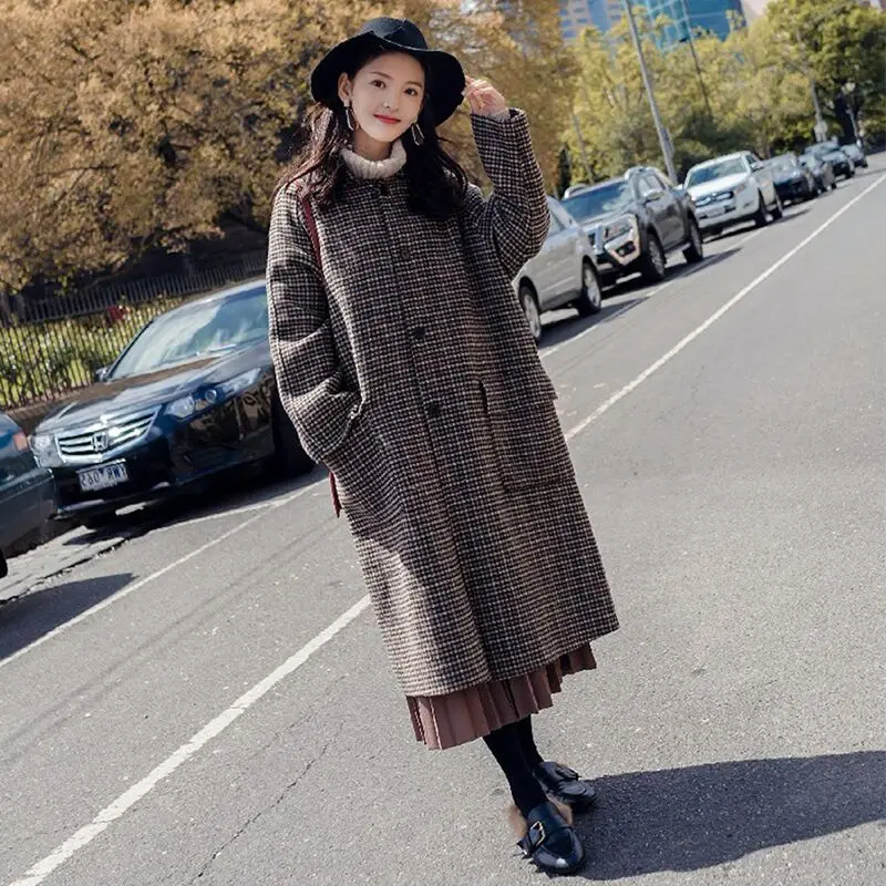 

2020 New Winter Korean Women Plaid Windbreaker Woolen Coat Elegant Female Middle Long New Retro Houndstooth Female Long Coat