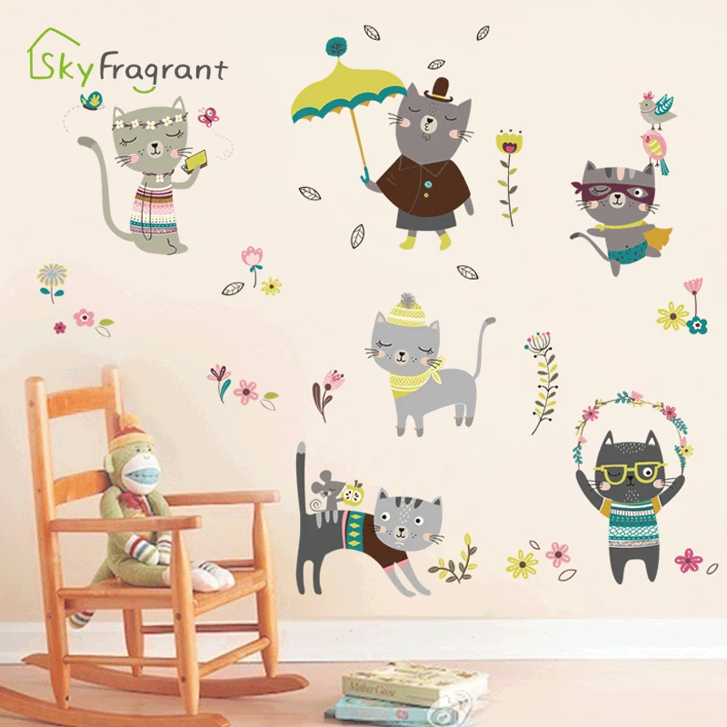 

Cartoon Cute Cats Bedroom Decor Self-adhesive Stickers Kids Room Decoration Home Decor Wardrobe Door Background Wall Stickers
