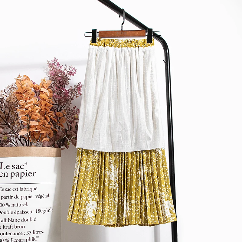 

Chiffon Printed Skirts Womens Summer 2020 New Spring High Waist A- line Skirt Vintage Pleated Floral Medium-Length Skirts Mh531