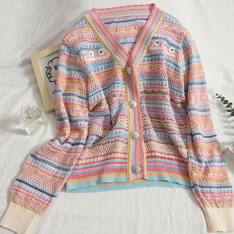 

Fashion Sweater Cardigan Women 2021 Hollow Out Embroidery Striped Long Sleeve Button Up Top Female Clothing Chic Coat Knitwear