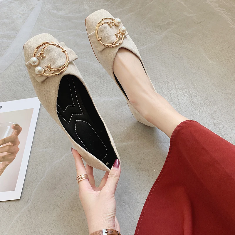 Балетки женские с жемчугом искусственная замша без застежки лоферы топ сайдеры