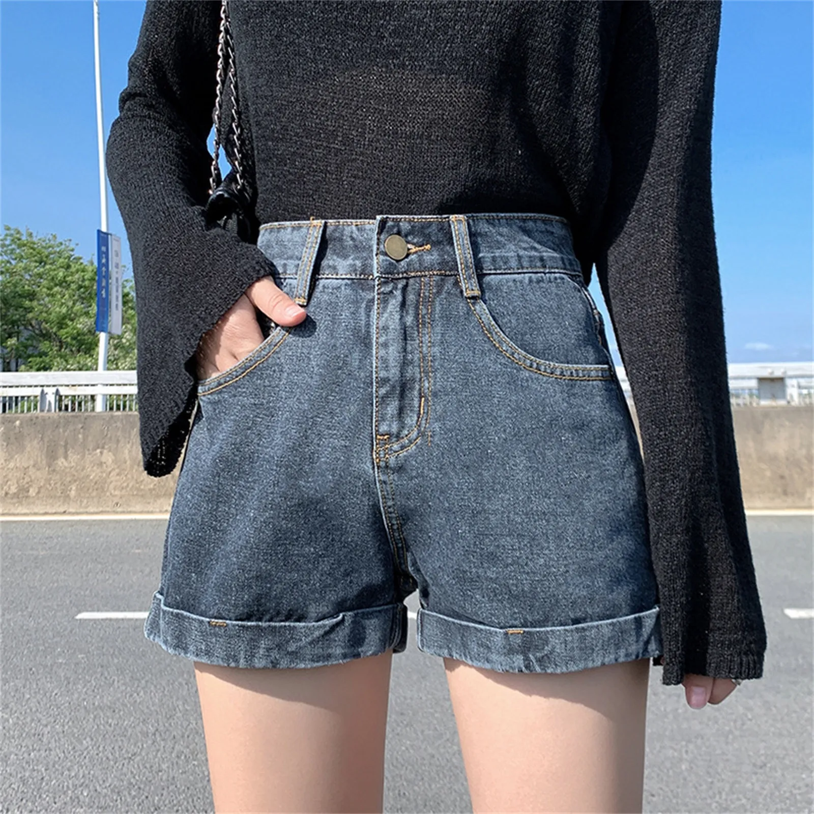 

Denim Shorts Women's Solid Color Women Short Jeans Wide Leg Elastic Waist Vintage High Waist Shorts Women A-line Denim Pants
