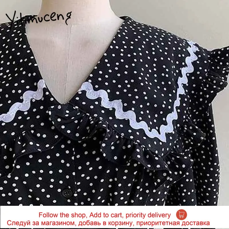 

Yitimuceng Polka Dot Dresses for Women Split Fork Maxi Dress Peter Pan Collar High Waist Sundress 2021 Spring Korean Fashion