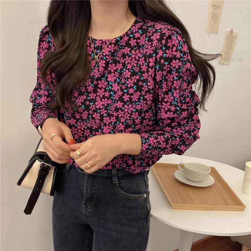 

Harajuku Princess Chic Fashion Florals Printed O-Neck Femme Korean Elegance All Match Girls Gentle Clothe Tops Sweet Shirts