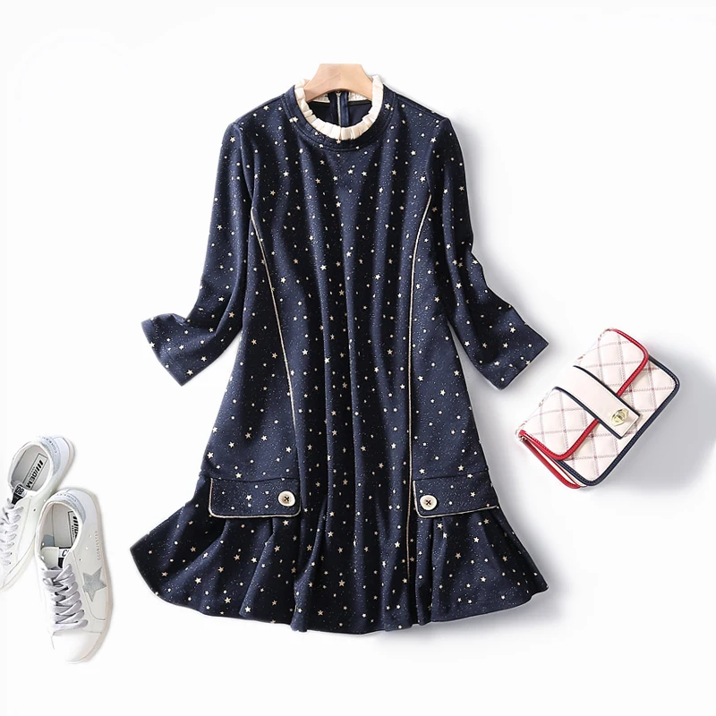 2019 осень и зима новый хит цвет звезда фигура кружева воротник а линия Ретро