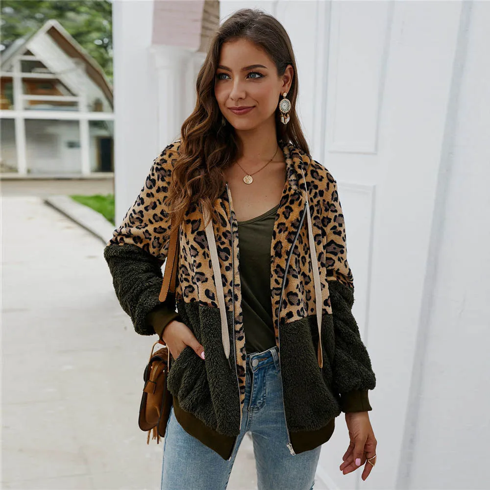 Женский флисовый свитер с леопардовым принтом кардиган на молнии капюшоном