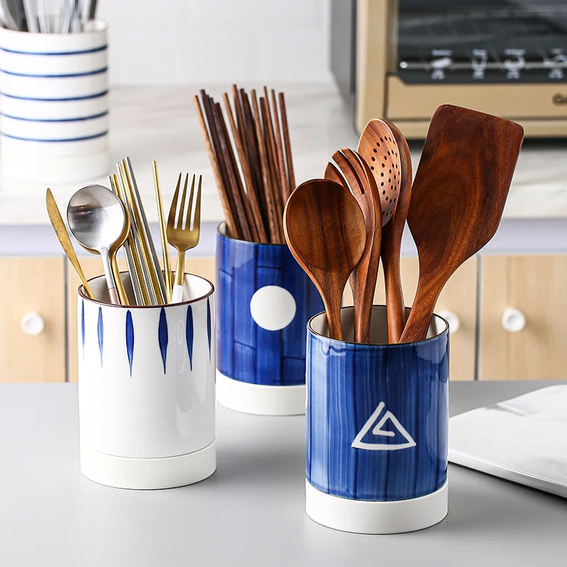 ceramic kitchen cutlery storage tube with drainer bottom gadgets tools organizer box accessories utensils conatiner holder jar free global shipping