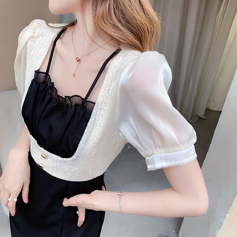 

Women's Dress Black and White Stitching Square Collar Puffy Short-sleeved Women Long Dresses French Mini Skirt Party Sweet Girl