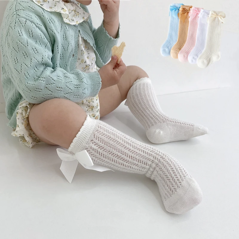 Calcetines hasta la rodilla con lazo para ni&ntilde;as peque&ntilde;as, medias s&oacute;lidas de princesa, de malla transpirable, accesorios de estilo espa&ntilde;ol-0