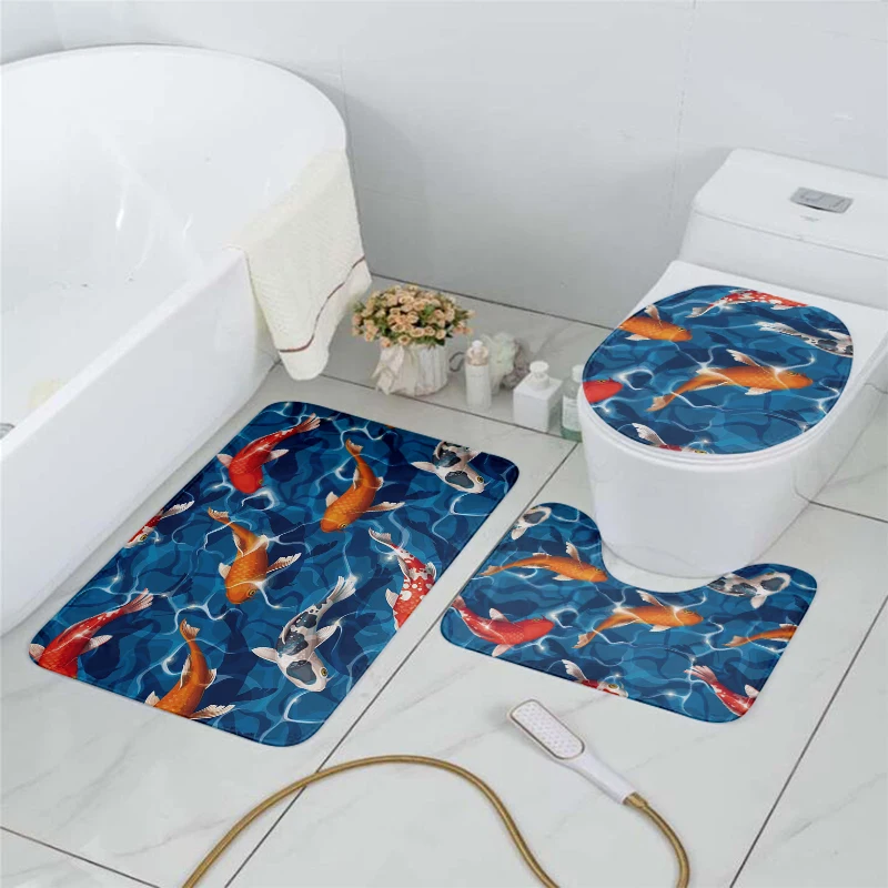 

3D Printing Toilet Cover Bath Mat Set Flannel Absorbent Carpet Anti Slip Entrance Doormat Flower Fish Art Shower Decoration Rug