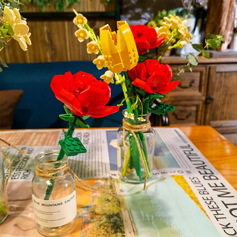 DIY Building Block Artificial Flowers Handmade Simulation Bouquet Rose Flower Home Room Wedding Decoration Romantic Birthday