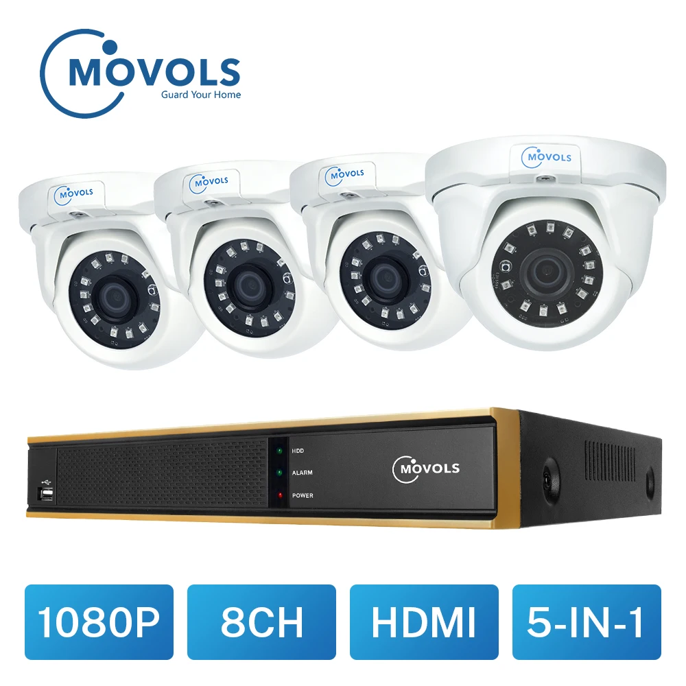 MOVOLS CCTV 1080P 4 шт. камера, система видеонаблюдения, 8 каналов, камера для внутреннего/наружного наблюдения, набор ночного видения, 8 каналов, 2 МП, DVR комплект