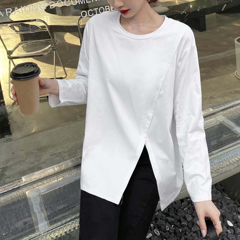 100% Cotton White Long Sleeve Bottoming T-shirt Women's Spring Casual Loose Long Sleeve Split Large T-shirt Female Home Top Tee