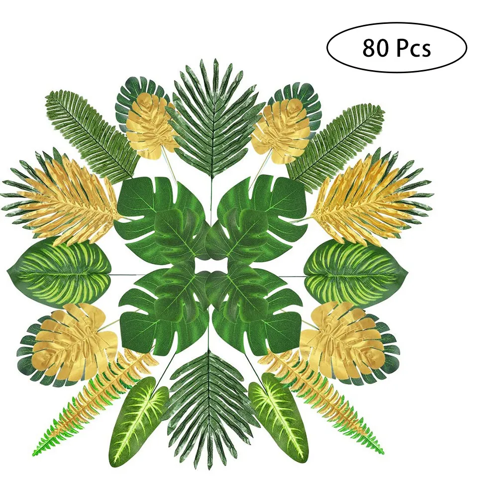 

80 Pcs 13 Kinds of Artificial Palm Leaves Artificial Monstera Leaf Stems Tropical Plant Simulation for Home Wedding Party Decor