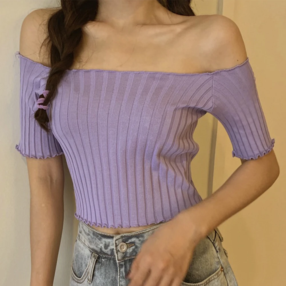 

Women Solid Color Off Shoulder Short Sleeve Slim Crop Top Knitted T-shirt Women's clothing 2020