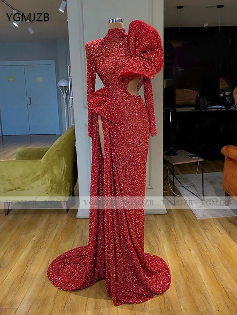 Красные длинные вечерние платья 2020 Русалка с оборками на плечах длинным рукавом