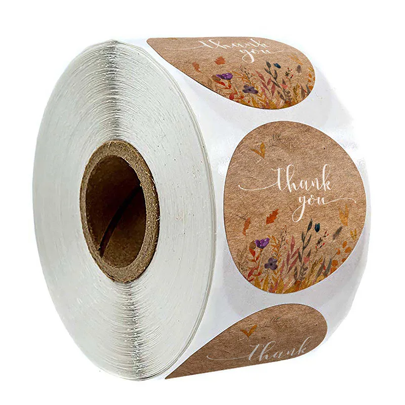 

500 Pcs Round Brown Thank You Stickers 1 Inch Flower Pattern Kraft Paper Labels Christmas Party Present Baking Decoration Labels