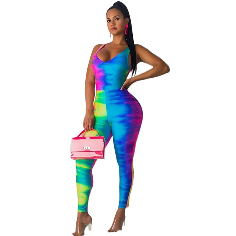 

Tie Dye Sexy Bodycon Jumpsuit Women Sleeveless Criss Cross Open Back Skinny Overalls Summer Casual Club One Piece Romper Catsuit