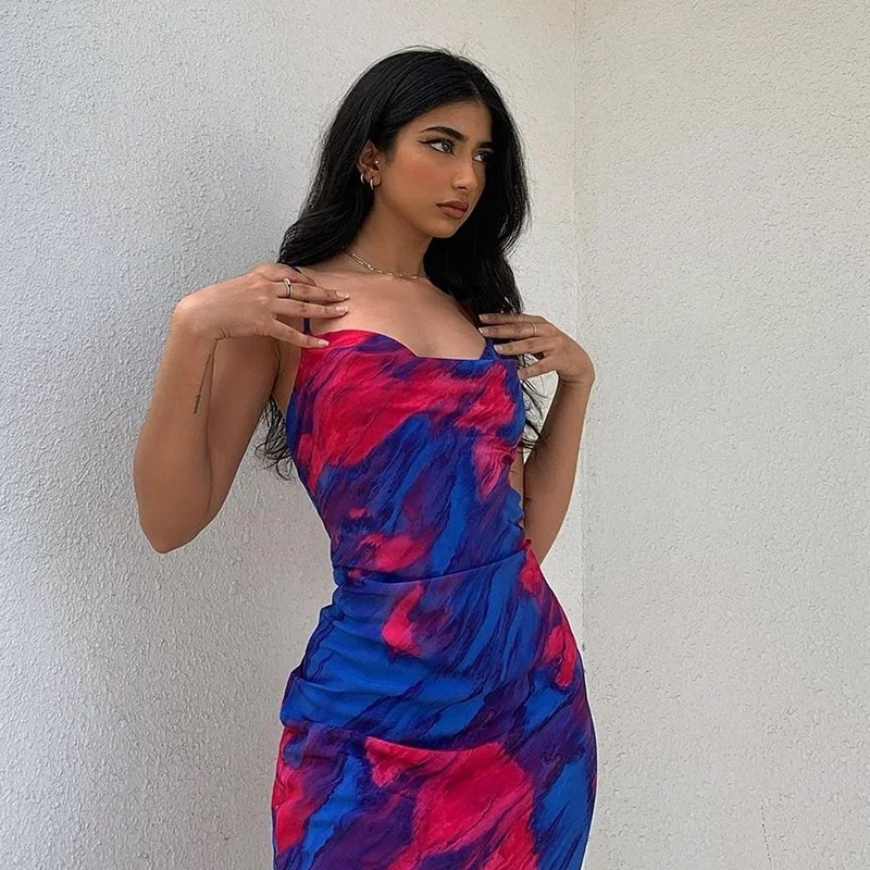 

Fashion Print Sleeveless Spaghetti Strap Midi Dress Bodycon Party Club Backless Sundress Cottagecore Elegant Y2k Aesthetic Dress