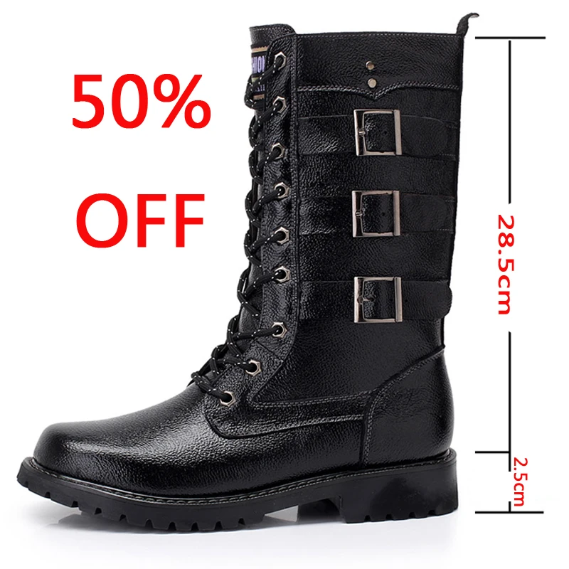 Кожаные ботинки мужские армейские Высокие военные сапоги и до середины икры с