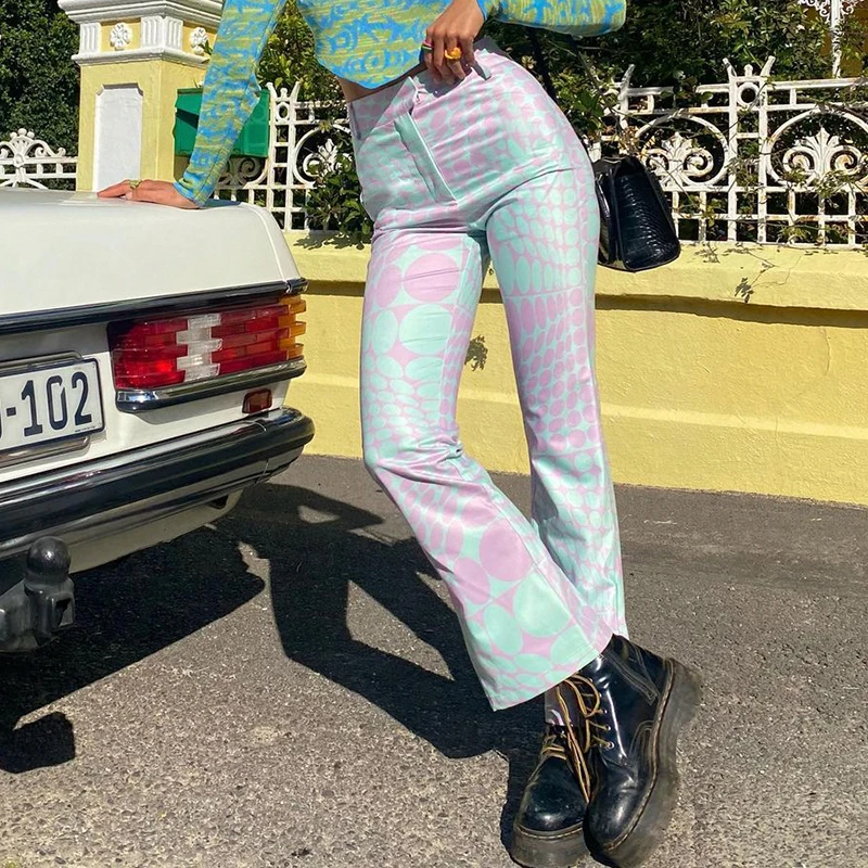 

Dourbesty Vintage Y2K Pants Women Casual Skinny High Waist Wide Leg Trousers Aesthetic Printed Flared Capris Streetwear 2000s