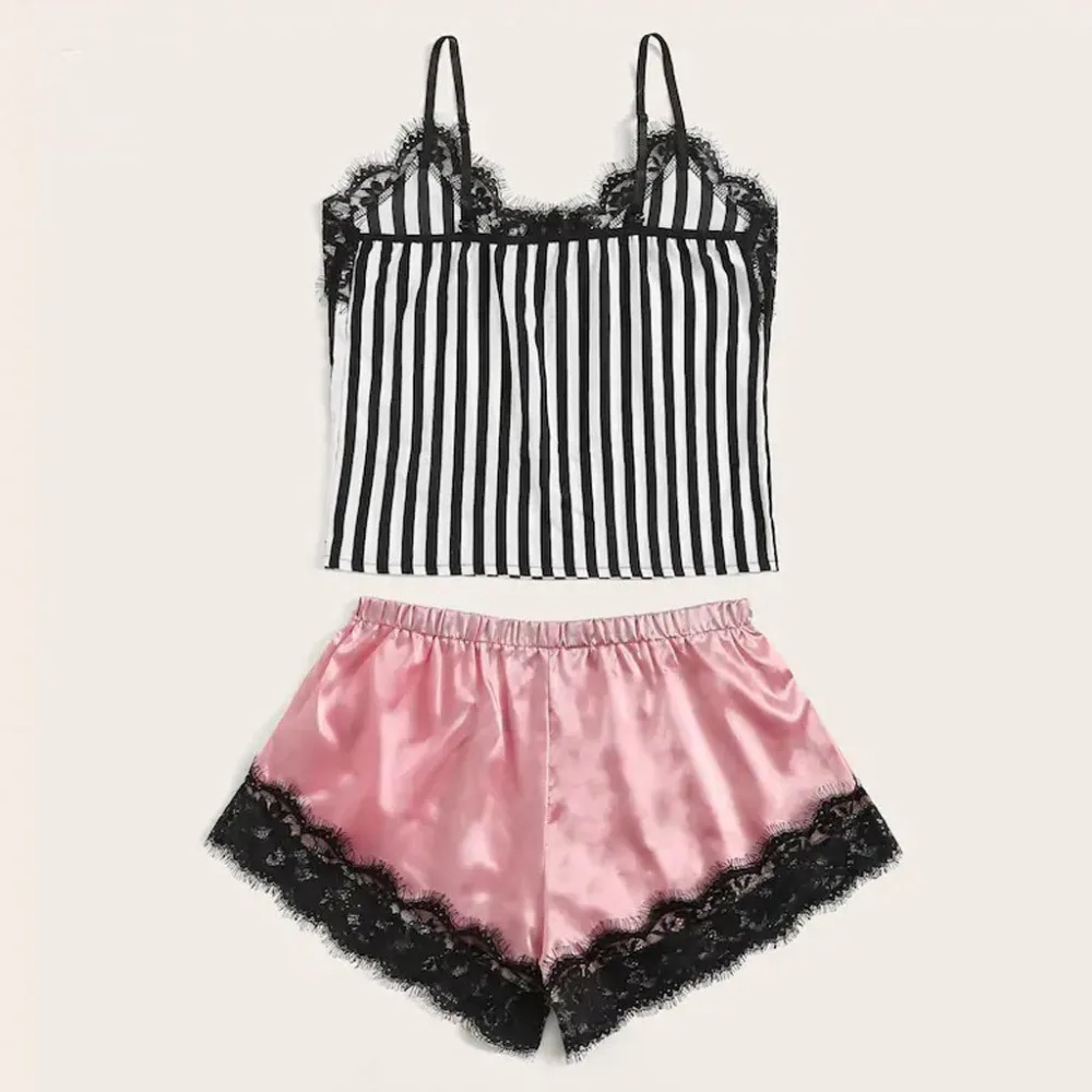 Женский кружевной атласный беспроводной бюстгальтер Camisole пижамы шорты с бантиком комплект пижамы 661SW1