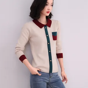 Женский вязаный свитер, Осенний Модный пуловер с отложным воротником, трикотажный свитер контрастных цветов, женские свитера, вязаные топы, 2019