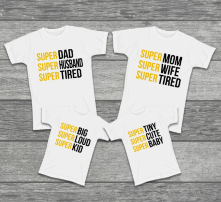 Супер папа супер мама малыш ребенок сочетающийся семейный наряд милая семья