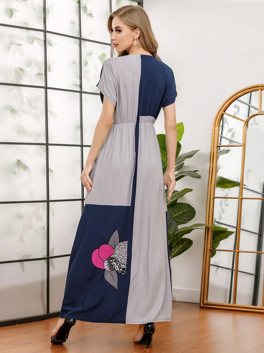 

Waist Lace Dress Large Size Women's V-Neck Short-Sleeved Fashion Positioning Printing Elegant Temperament Long Skirt 2021 New