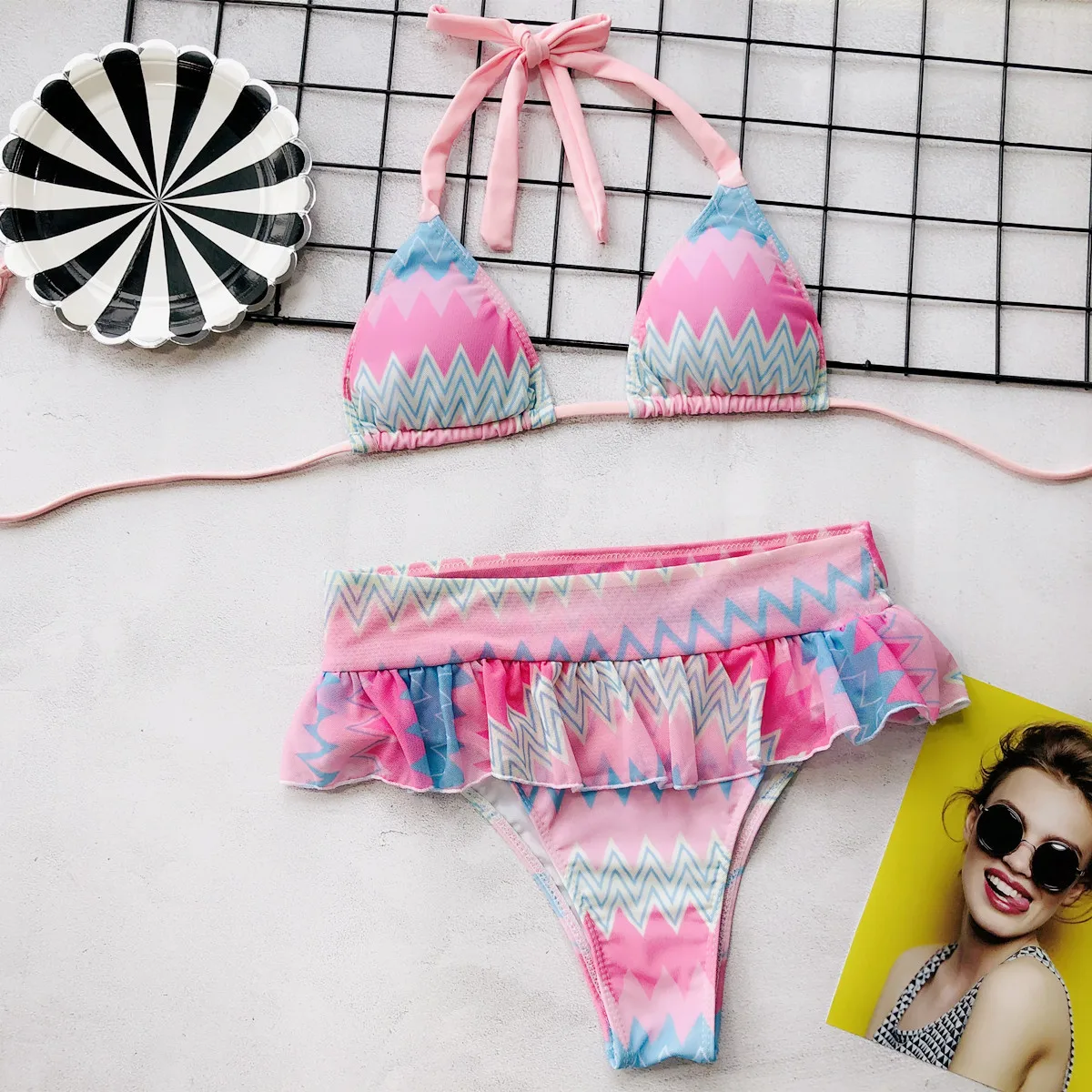 

2021striped Swimwear Bra Cup Bikini Set High Cut Bathing Suit Lace Ruffle Band Swimsuit Women Push Up