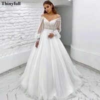 thinyfull white appliques lace wedding party dresses long puff sleeves bride gowns fitted bones orincess country bridal dress