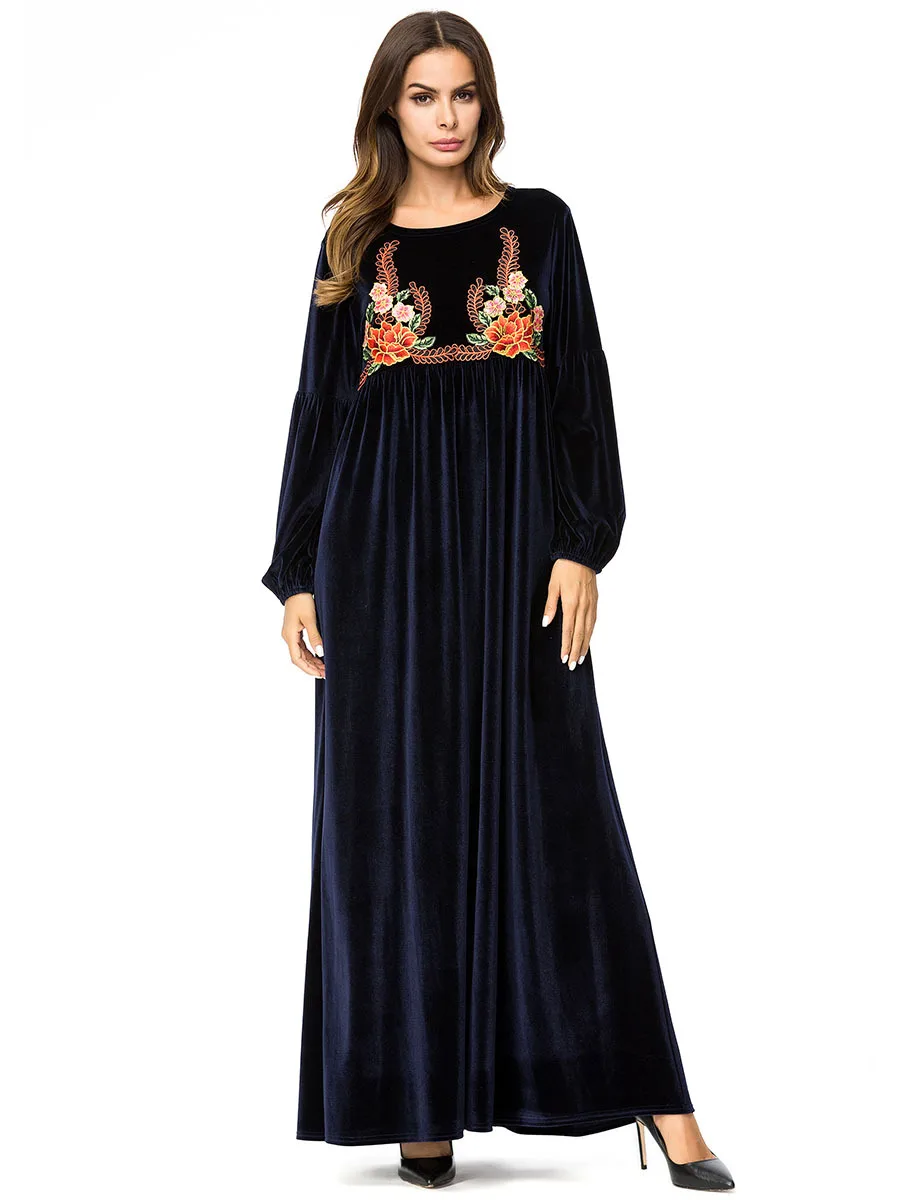 Женское вельветовое платье с цветочной вышивкой Abayas синее мусульманское Кафтан