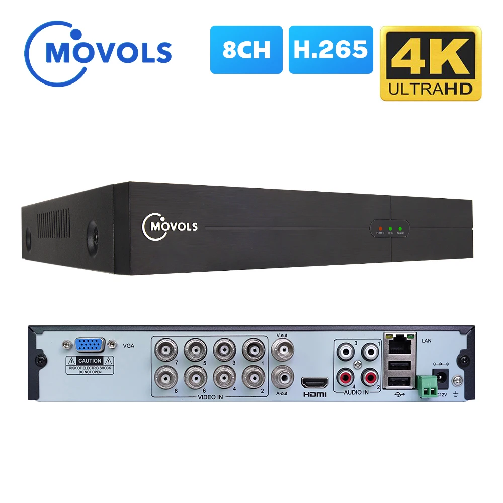 Камера видеонаблюдения MOVOLS 4K 8 каналов DVR H.265 Мп 5 в 1 AHD CVI TVI CVBS HDMI VGA Onvif P2P |