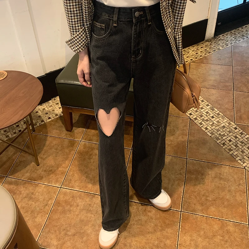 

Limiguyue Chic Heart Shaped Hole Jeans women high waist mom denim jeans vintage wide leg long jean pants Trouser Harajuku K490