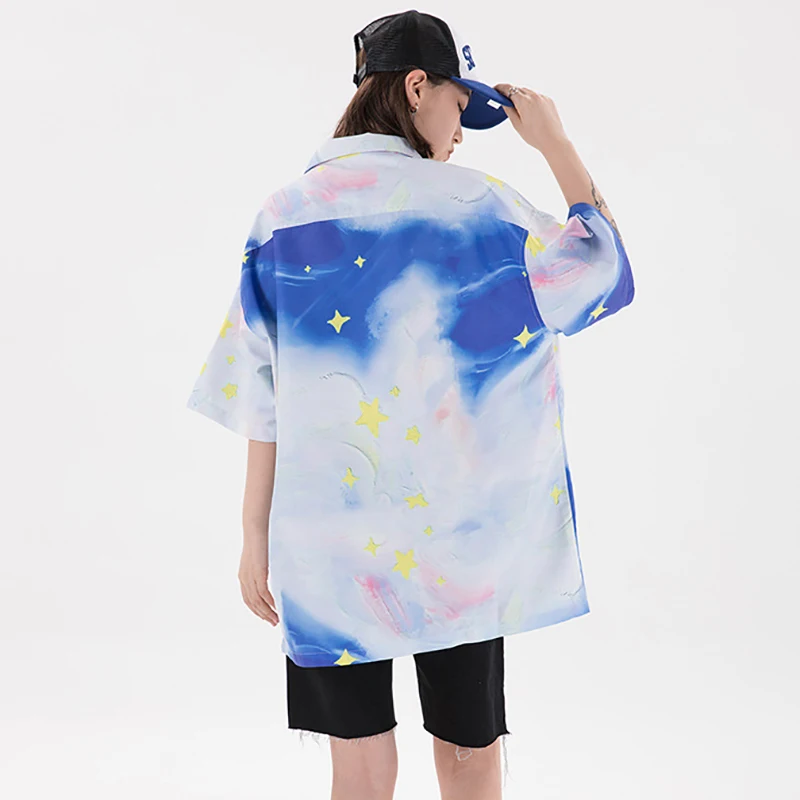 

SHENGPALAE print Starry sky blouse women's summer 2021 new laprl large size single breasted short sleeve hip hop shirt 5A1371