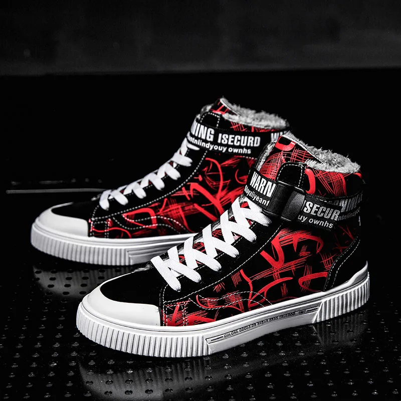 Цветные кроссовки мужские высокие плюшевая зимняя обувь с граффити модная