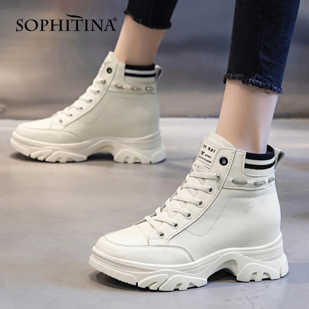 Online SOPHITINA Sepatu Bot Wanita Platform Sepatu Bot Kasual Olahraga Elastis Sepatu Wanita Buatan Tangan Dengan Ikatan Silang Pencocokan Warna HO534