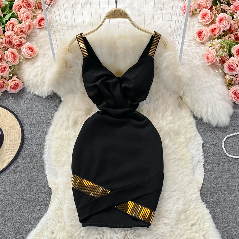 

FMFSSOM Summer Women Sexy Mini Dress V-neck Spaghetti Strap High Waist Glitter Party Club Dress Padded Slim Eveng Clothes