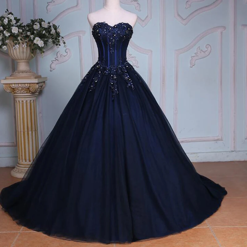 

vestidos largos de flores Cheap Navy Blue Lace Beaded Evening Dress 2020 Custom Made Wedding Party Gowns For Women Ball Gown